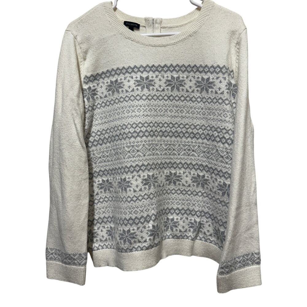 Talbots Sweater White/silver Snow flake Zipper closure Winter Womens Size XL